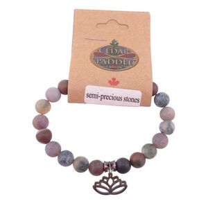 Cedar Paddle Round Beaded Jasper Stretch Bracelet and Lotus Blossom Charm NWT